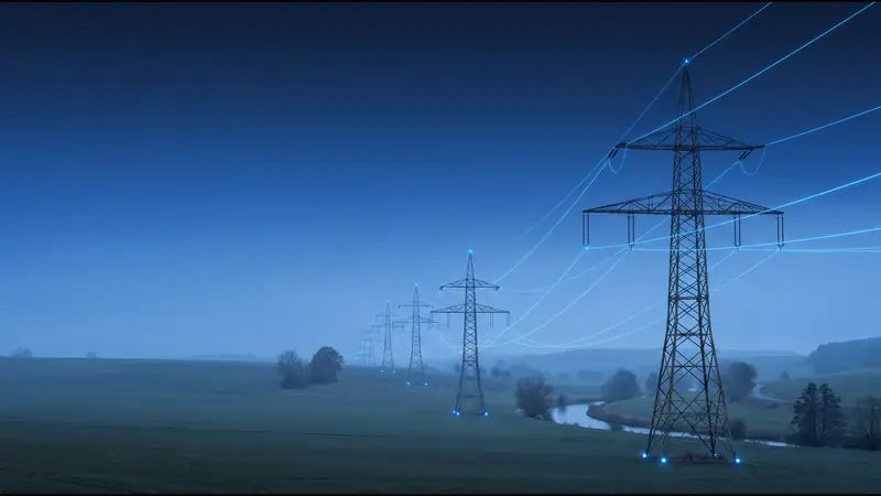 High-voltage overhead line with lattice towers at dusk, blue light traces follow the conductors